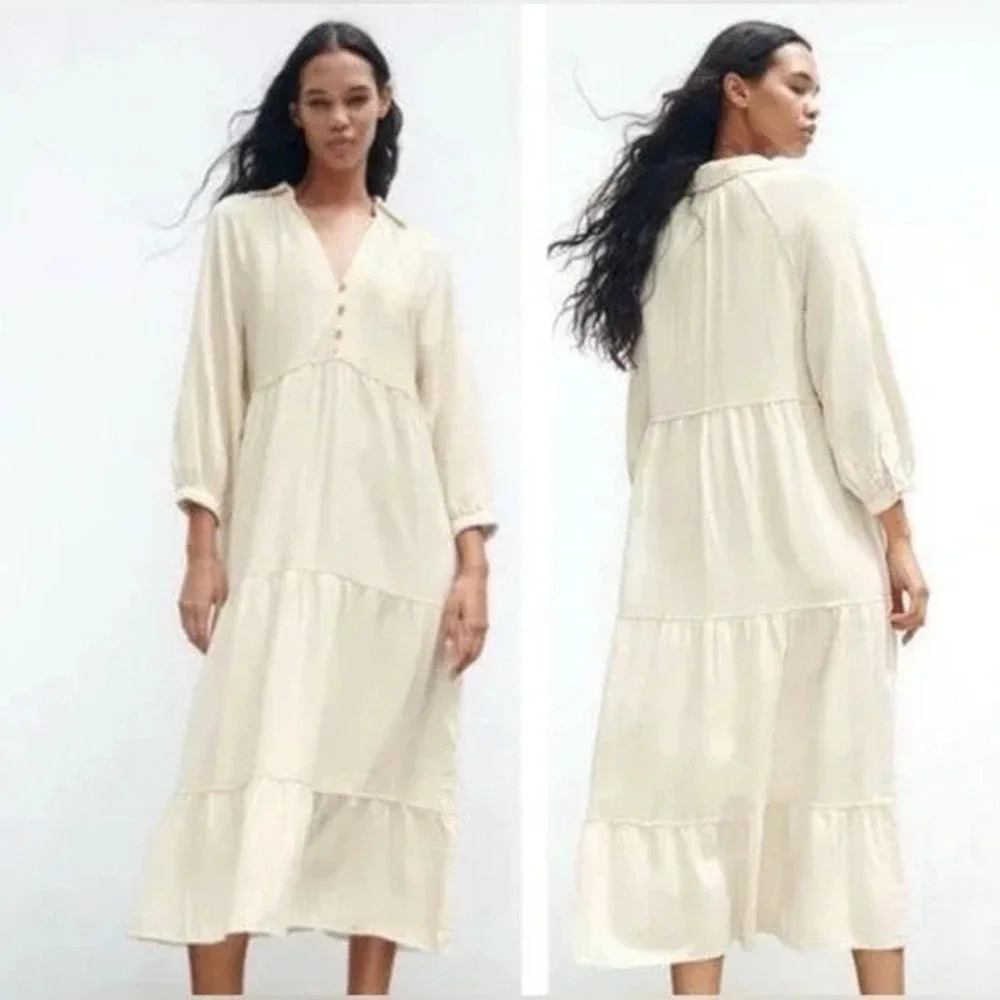 Zara Linen Blend Tiered Midi Dress Small Boho White Ivory Bridal Shower‎ Party